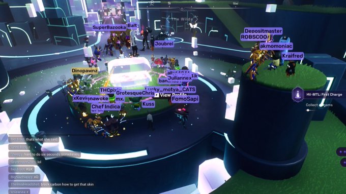 A screenshot of a virtual 3D environment or game lobby, likely in the metaverse, showing multiple avatar characters gathered in a circular area with various usernames floating above them like 'SuperBazooka', 'Depositmaster ROBSCOOO', 'Dinopawnz', 'Chef Indica', and 'FomoSapi'.