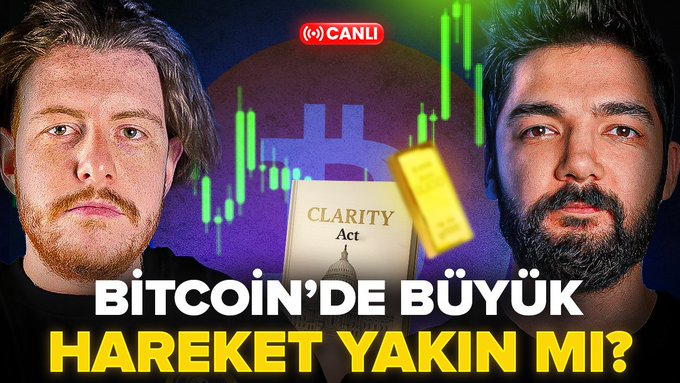 The image is a thumbnail for a Turkish-language live crypto broadcast featuring two men with the headline "BİTCOIN'DE BÜYÜK HAREKET YAKIN MI?" (Is a big move in Bitcoin coming soon?), accompanied by a Bitcoin logo, candlestick chart, gold bar, and "CLARITY Act" document—visually representing the broadcast's agenda topics including the Clarity Act, Bitcoin price movement, and gold's 10% rise.