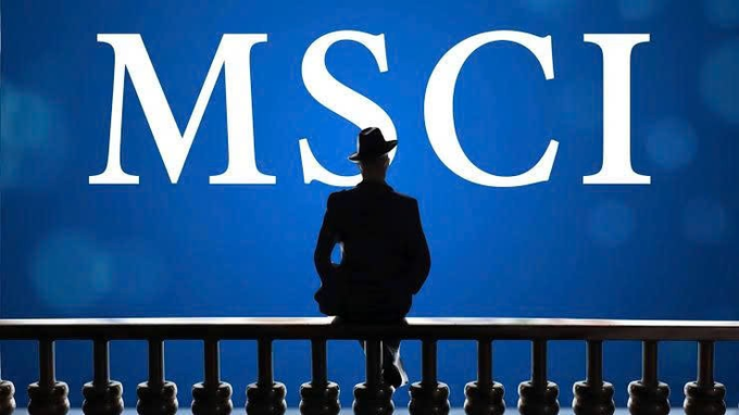 Image showing the letters "MSCI" prominently displayed in white on a blue background, with a silhouetted figure in a hat standing before it.
