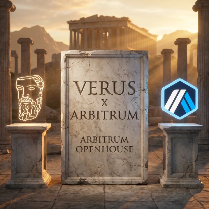 The image shows an old stone monument, possibly a tombstone or a large graffitied wall, surrounded by two pedestals. The monument has a plaque that reads "Verus x Arbitrum Open House", indicating that Verus is participating in an open house event related to Arbitrum. There are also two small statues of men on the pedestals, which could be representing historical figures or mythical characters associated with the Arbitrum coinage system.