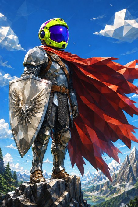 A digital artwork of a knight in metallic, geometric armor with a green and purple helmet, a flowing red cape, and a large shield, standing on a rocky peak.