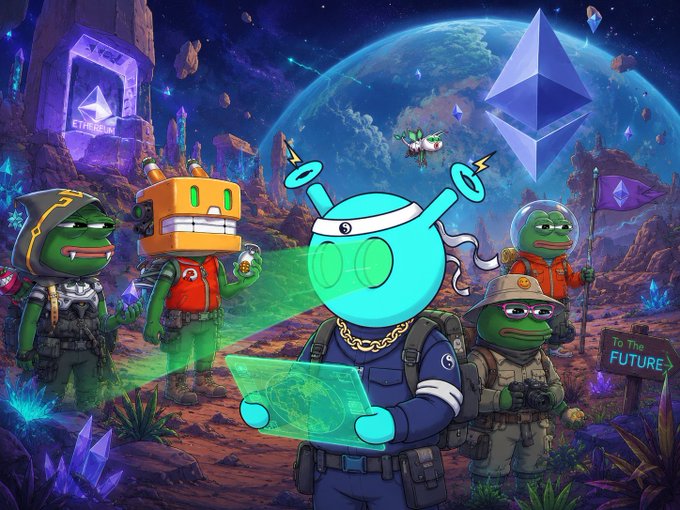 The image features a group of cartoon characters dressed in futuristic clothing, standing around each other with their arms crossed. The main character is holding a laptop computer while surrounded by his friends. The background shows an illustration of a planet filled with various elements such as stars, planets, and spaceships. The post reads "GM Explorers Happy Sunday Explorers of the ethereum world, we have come to dominate." This suggests that the characters are part of a team or group exploring new frontiers in space travel and technology.