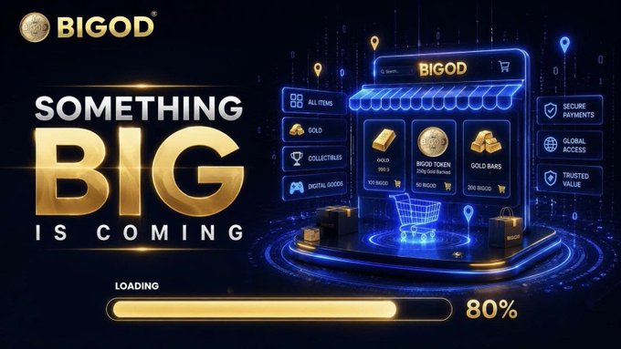 A promotional graphic for BIGOD featuring the text 'SOMETHING BIG IS COMING' alongside a 3D storefront with gold bars and token icons, with a loading bar at 80%.