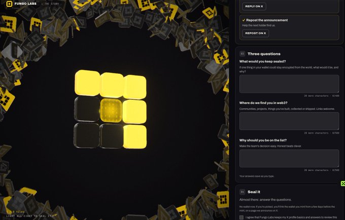 A screenshot of a digital interface titled 'FUNGO LABS - THE STORY' featuring three questions to answer: 'What would you keep sealed?', 'Where do we find you in web3?', and 'Why should you be on the list?', alongside instructions to 'Seal it'.