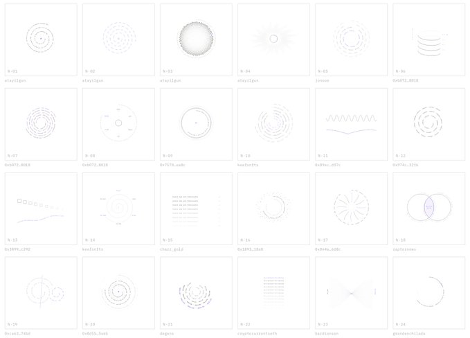 A grid of 24 small thumbnail sketches labeled G-01 through G-24, featuring minimalist geometric designs such as circles, spirals, and suns created with simple dotted and lined patterns.