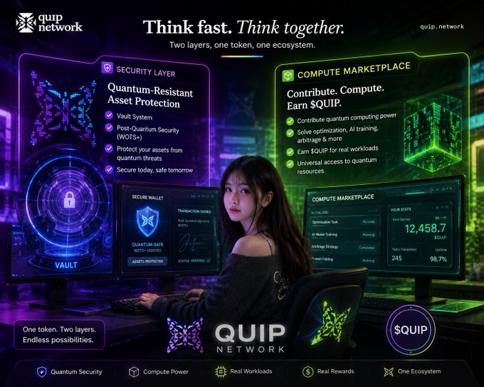 A promotional graphic for the QUIP Network, featuring a young woman at a computer with text promoting 'Quantum-Resistant Asset Protection,' 'Compute Marketplace,' and '$QUIP' token.