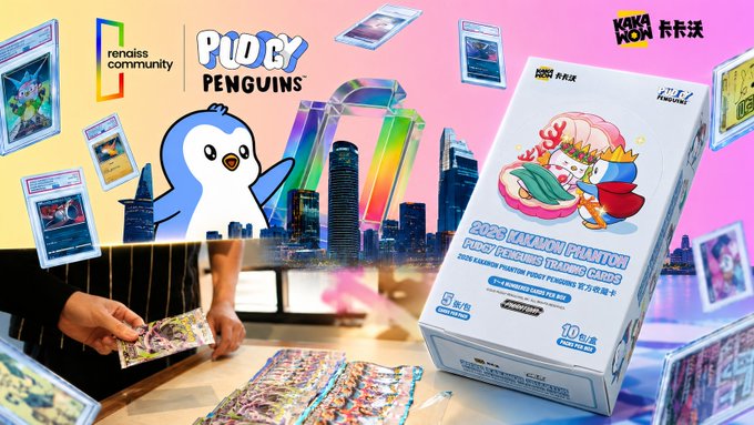 A promotional image for trading cards featuring 'PLUCKY PENGUINS' by 'rendals community' and '2025 TAiWAN PHANTOM PHOMO PENGUINS TRADING CARDS' by 'KAKA' and 'Hamster'. The image shows the product packaging, character art, and people opening card packs.