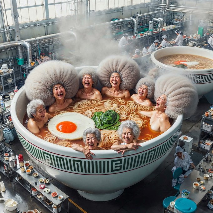 A surreal AI-generated scene of elderly women with gray hair bathing and laughing inside a giant bowl of steaming ramen noodles with egg and vegetables, set inside an industrial kitchen.