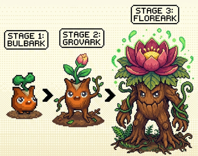 A pixel art evolutionary line featuring a tree-like creature progressing through "STAGE 1: BULBARK," "STAGE 2: GROVARK," and "STAGE 3: FLOREARK," designed by a fan for the game Yakkamon. The evolution showcases the creature growing from a small bulb-headed sprout into a large, lotus-topped wooden golem.
