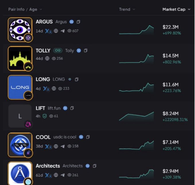 A cryptocurrency market dashboard showing trending pairs by market cap including ARGUS ($22.3M, +699.80%), TOLLY ($14.5M, +802.96%), LONG ($11.6M, +223.76%), LIFT ($8.24M, +122098.31%), COOL ($7.14M, +205.47%), and Architects ($2.94M, +309.38%).