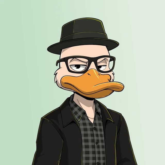 A digital illustration of a humanoid duck character with a grumpy expression, wearing black-rimmed glasses, a black fedora, a checkered shirt, and a black jacket against a pale green background.