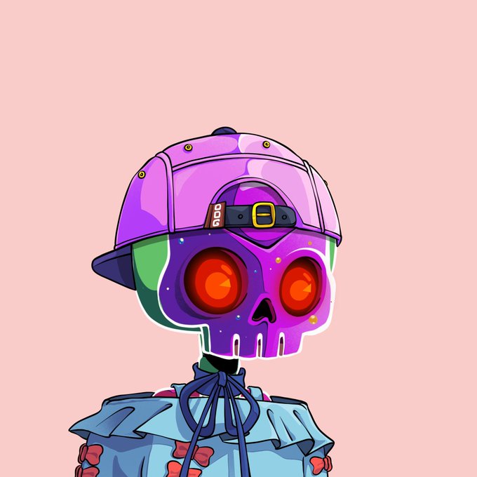 A digital illustration of a purple skull character wearing a purple cap and blue outfit with red glowing eyes against a pink background.