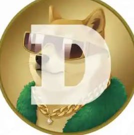 A Dogecoin (DOGE) meme coin icon featuring the iconic Shiba Inu dog wearing sunglasses and a gold chain, overlaid with a translucent "D" logo on a gold background, branded as $Dogue.