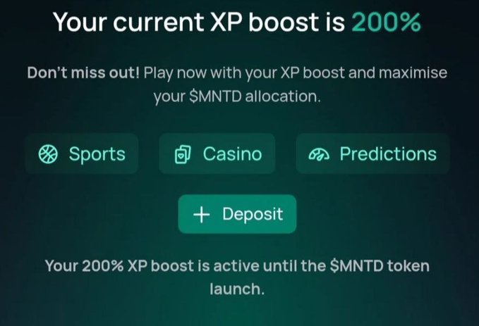 A promotional screen stating 'Your current XP boost is 200%' with green buttons for 'Sports', 'Casino', 'Predictions', and a 'Deposit' option.