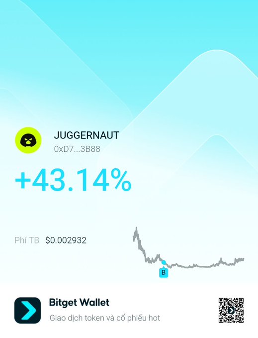 Bitget Wallet promotional graphic showing the 'JUGGERNAUT' token (0xD7...3B88) with a +43.14% gain and price of $0.002932, including a price chart and QR code.