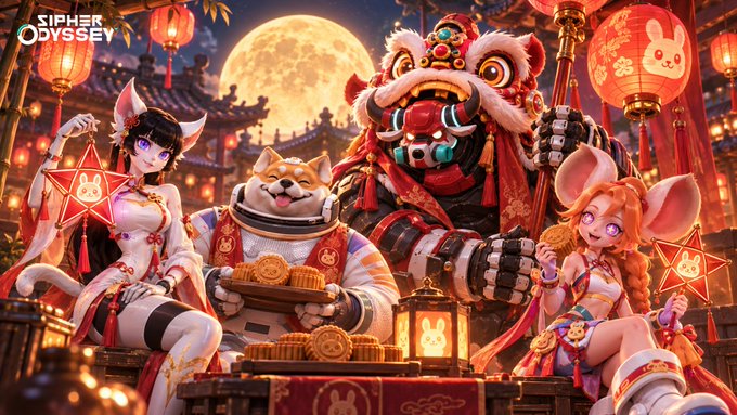 Promotional artwork for 'Sipher Odyssey' featuring anime-style characters with bunny ears, a cat in traditional clothing, and a large red robotic lion figure, set against a moonlit festival backdrop with red lanterns.
