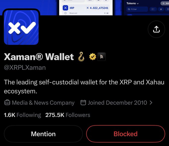 A Twitter/X profile page for Xaman® Wallet (@XRPLXaman), described as 'The leading self-custodial wallet for the XRP and Xahau ecosystem,' showing 1.6K Following and 275.5K Followers with a Blocked button highlighted in red.