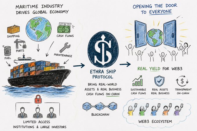 A hand-drawn infographic explaining how the 'ETHRA SHIP PROTOCOL' brings real-world maritime industry assets and cash flows on-chain via blockchain to democratize access for the Web3 ecosystem.