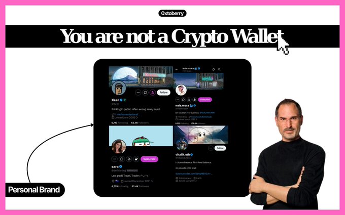 An advertisement by 'Oxtoberry' features Steve Jobs with the headline 'You are not a Crypto Wallet,' pointing to a tablet displaying social media profiles to illustrate the concept of 'Personal Brand.'