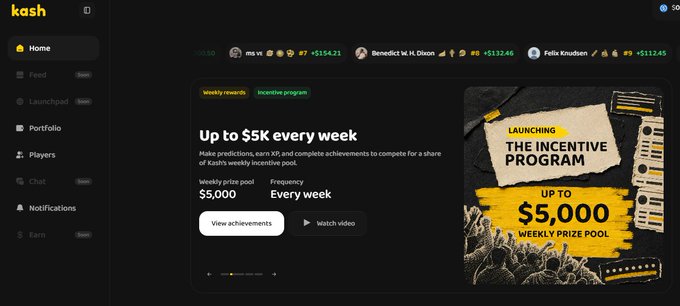 A dashboard for 'kash' showing a Home page with an 'Up to $5K every week' incentive program offering a $5,000 weekly prize pool for completing KPI predictions.