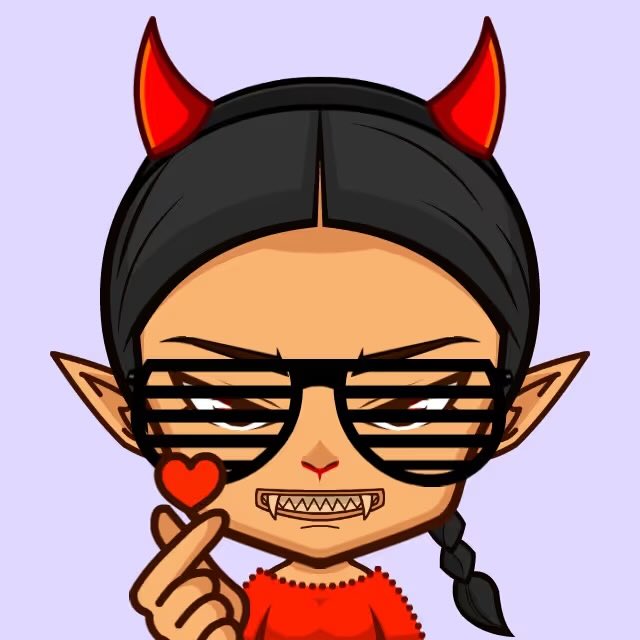An anime-style cartoon illustration depicts a girl with red devil horns, shutter-shade glasses, fangs, and a red top, holding up a small red heart.