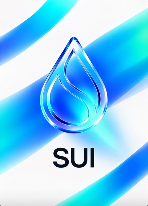 A graphic featuring a blue and cyan water droplet logo with the text 'SUI' displayed beneath it, set against a white background with diagonal blue wave patterns.