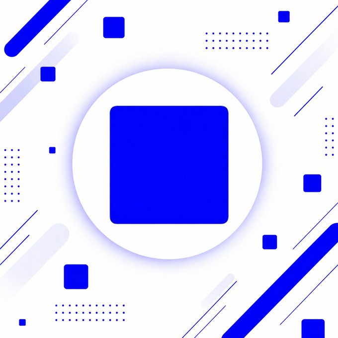 A blue and white geometric design featuring a central blue square inside a white circle, surrounded by various scattered shapes, lines, and dot patterns.