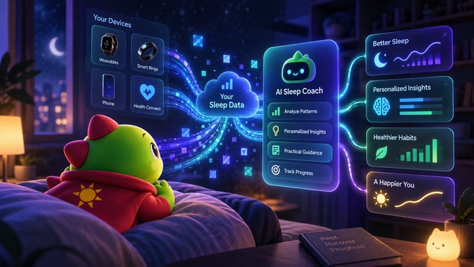 A green mascot character wearing a red sun-themed hoodie watches floating digital panels about sleep tracking, including "Your Devices" (Wearable, Smart Rings, Phone, Health Connect), "AI Sleep Coach," and outcome sections like "Better Sleep" and "Healthier Habits," with a notebook reading "Best Recovery Program" on a bedside table.