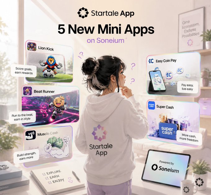 A promotional poster for the 'Startale App' introducing '5 New Mini Apps on Soneium,' including Lion Kick, Beat Runner, Muscle Cash, Easy Coin Pay, and Super Cash.