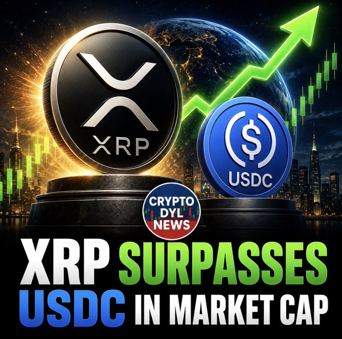 A promotional crypto news graphic showing a large XRP coin and a smaller USDC coin against a backdrop of Earth, city skylines, and a green upward-trending candlestick chart, with text reading "XRP SURPASSES USDC IN MARKET CAP" and a "CryptoDYL News" logo—visually illustrating the milestone that XRP's market cap ($73.12B) has edged past USDC's ($72.96B) to reclaim the #5 spot.