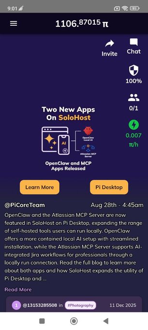 A Pi Network mobile app screenshot displays "Two New Apps On SoloHost" featuring OpenClaw AI and Atlassian MCP Server, with a balance of "1106.87015 π" at the top, shared by user "@13153285508 in #Photography" on "11 Dec 2025," corresponding to the PiCoreTeam update about integrating OpenClaw and Atlassian MCP Server apps onto SoloHost for Pi Desktop users.