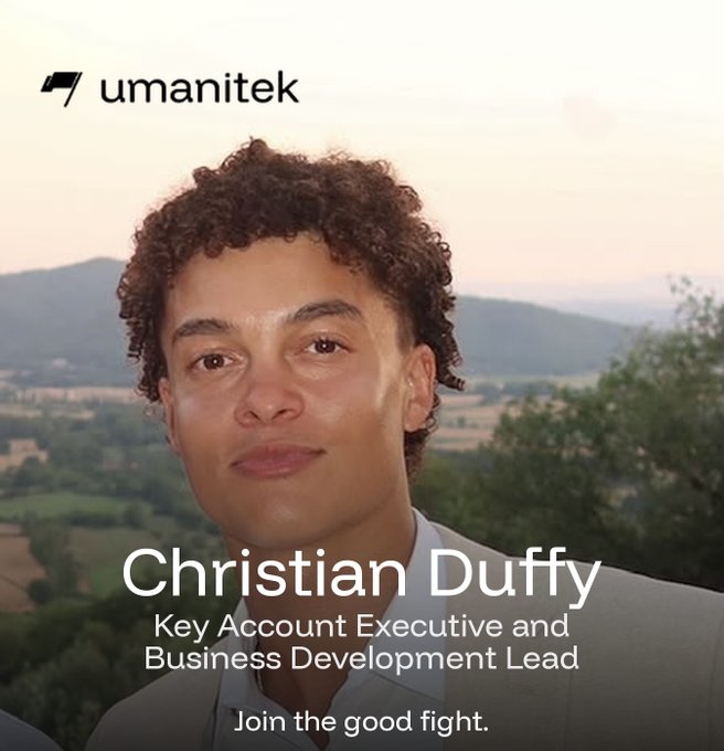 The image shows a professional portrait of Christian Duffy, identified as "Key Account Executive and Business Development Lead" at Umanitek, with the company's logo in the top left and the tagline "Join the good fight" at the bottom. The post welcomes Christian to Umanitek while highlighting the company's expanding mission, with the portrait serving as a visual introduction to the new team member.