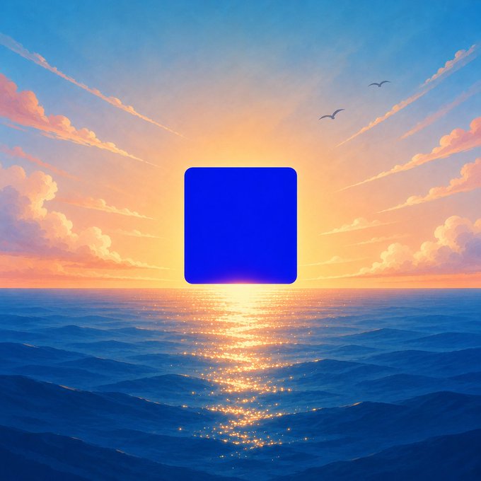 A vibrant pixel-art sunrise over the ocean features a glowing blue square in the sky, which reads as the Base logo—mirroring the "building on @base" theme. The rising sun and shimmering reflection evoke the "great day to build" sentiment from the post.