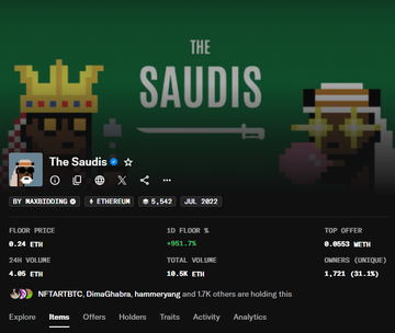 A screenshot of 'THE SAUDIS' NFT project on OpenSea, showing a floor price of 0.24 ETH, 24H volume of 4.95 ETH, and 5,542 total items, held by NFTARTBTBC and others.