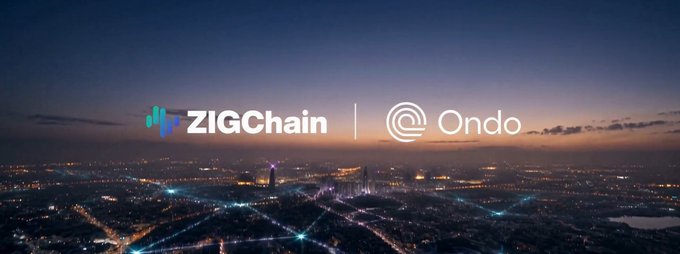 The image features an aerial view of a city at dusk, with the sky transitioning from day to night. The cityscape below is illuminated by numerous lights, creating a vibrant and dynamic scene. In the foreground, there's text that reads "ZIGCHAIN" and "@ONDO", which are likely part of a promotional campaign or partnership between these two entities. The image also contains a logo for @ZIGCHAIN, indicating their affiliation with the company.