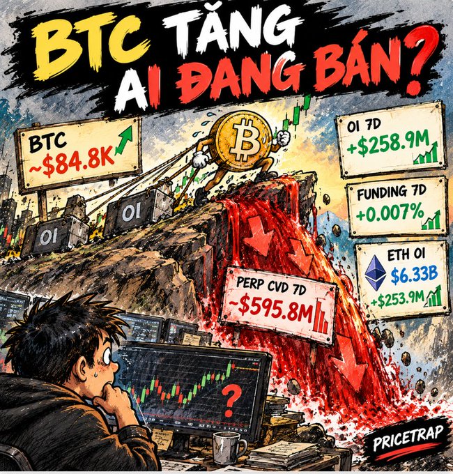 A trading infographic titled 'BTC TĂNG AI ĐANG BÁN?' is shown, displaying BTC mining near $84.8K with 7D OI ($2.59B), 7D funding (+0.007%), ETH OI ($6.33B), and PERP CVD 7D (-$595.8M), indicating a possible 'PRICETRAP'.
