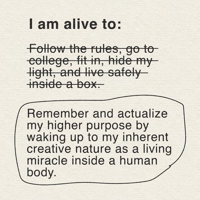 A handwritten note with crossed-out text reads 'I am alive to: Follow the rules, go to college, fit in, hide my light, and live safely inside a box.' Below it, the surviving text says 'Remember and actualize my higher purpose by waking up to my inherent creative nature as a living miracle inside a human body.'