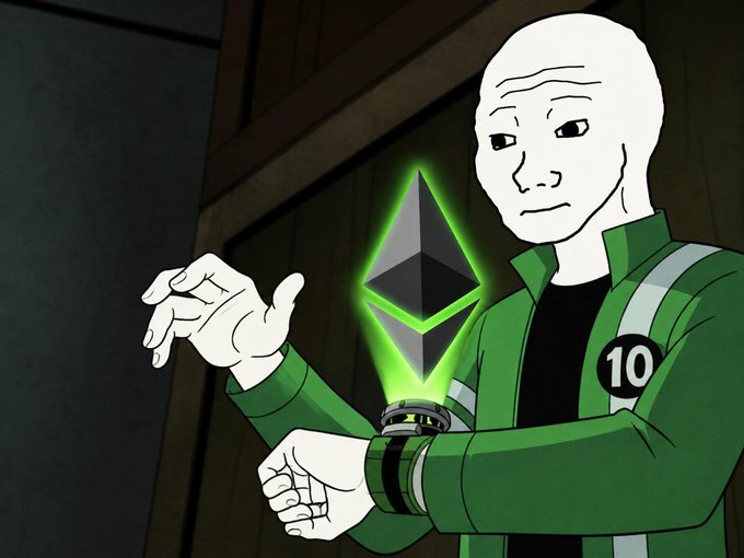 A bald character wearing a green jacket with the number "10" summons a glowing green Ethereum (ETH) logo from a watch-like device on his wrist. The Ethereum symbol, rendered in its iconic diamond shape with a bright green glow, perfectly matches the post's reference to summoning a "green $ETH."