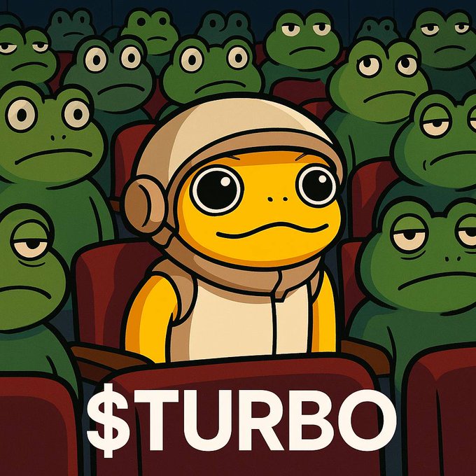 A cartoon illustration shows an astronaut-like character with large eyes surrounded by grumpy-looking Pepe the Frog faces in a theater audience, with '$TURBO' written in large white text at the bottom.