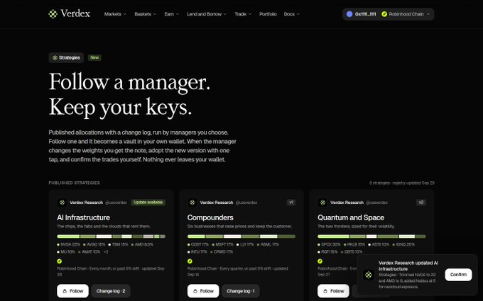 A screenshot of the 'Verdex' website shows a 'Strategies' page with the heading 'Follow a manager. Keep your keys.', listing published strategies such as 'AI Infrastructure', 'Compounders', and 'Quantum and Space'.