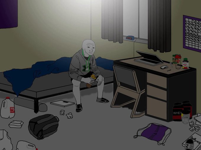 A disheveled figure wearing a hoodie and a smiley face mask sits in a cluttered, dimly lit bedroom holding a small object, surrounded by scattered trash, empty containers, and a laptop—evoking the image of someone locked in, grinding in isolation, which mirrors the desperation in the post's question about chasing a $100K payday in web3 before year-end.