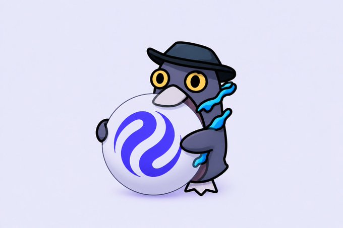 An illustration depicts a cartoon penguin wearing a fedora hat with yellow goggles and a blue scarf, hugging a white sphere marked with a purple yin-yang style symbol against a plain background.