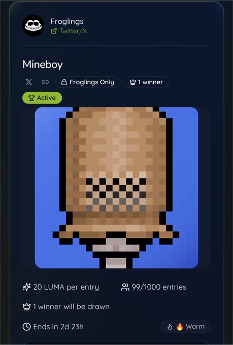 A Froglings (Twitter/X) giveaway for a 'Mineboy' pixel-art digital collectible, priced at 20 LUMA per entry with 99/1000 entries filled and 2 days 23 hours remaining.