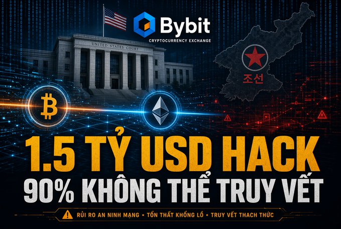 A graphic about a '1.5 TỶ USD HACK' with the subtitle '90% KHÔNG THỂ TRUY VẾT' shows the Bybit logo, a U.S. courthouse, a map of North Korea, and cryptocurrency symbols.