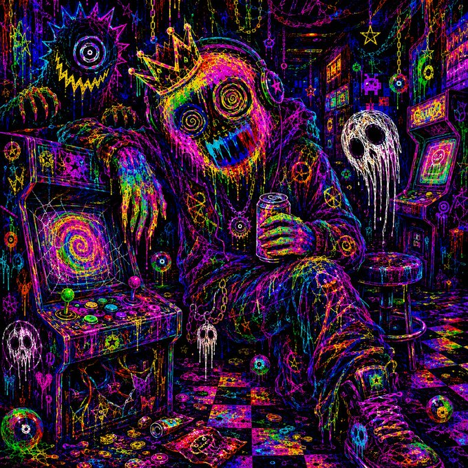 A psychedelic, neon-colored horror artwork featuring a crowned figure with swirling spiral eyes holding a can, surrounded by arcade cabinets, dripping ghostly figures, occult symbols, and chaotic vibrant splashes of pink, purple, blue, and green paint.