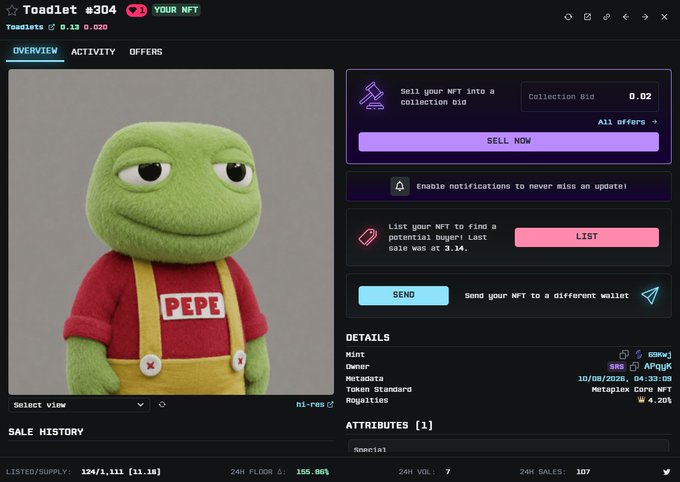 An NFT marketplace interface showing a 'Toadlet #304' featuring a Pepe the Frog character wearing a red shirt and yellow overalls, priced at 0.13/0.020 ETH with a current bid of 0.02.