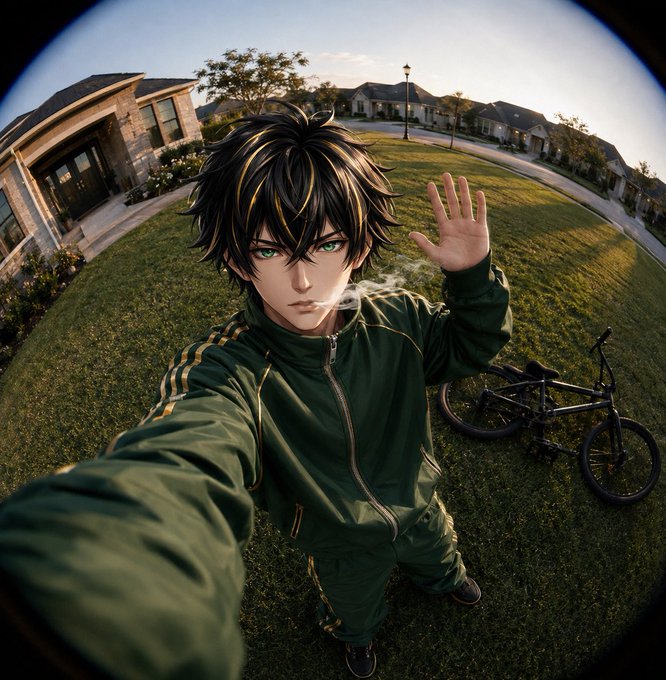 Anime-style illustration of a young man with black and gold streaked hair, wearing a green tracksuit, taking a fisheye selfie outdoors near a bicycle on grass.