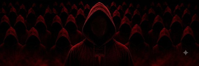 A dark, ominous image showing a hooded figure in red clothing standing in front of rows of identical hooded figures, with a small star icon in the corner.
