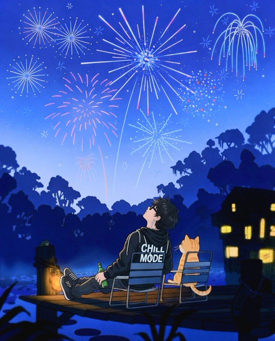 An anime-style illustration depicts a person wearing a 'CHILL MODE' hoodie sitting on a bench with an orange cat, watching colorful fireworks light up a blue night sky.