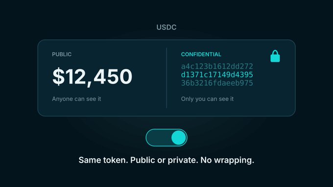A dark-themed digital interface displaying a USDC token toggle showing "PUBLIC $12,450 - Anyone can see it" and "CONFIDENTIAL" with a hexadecimal address, captioned "Same token. Public or private. No wrapping."